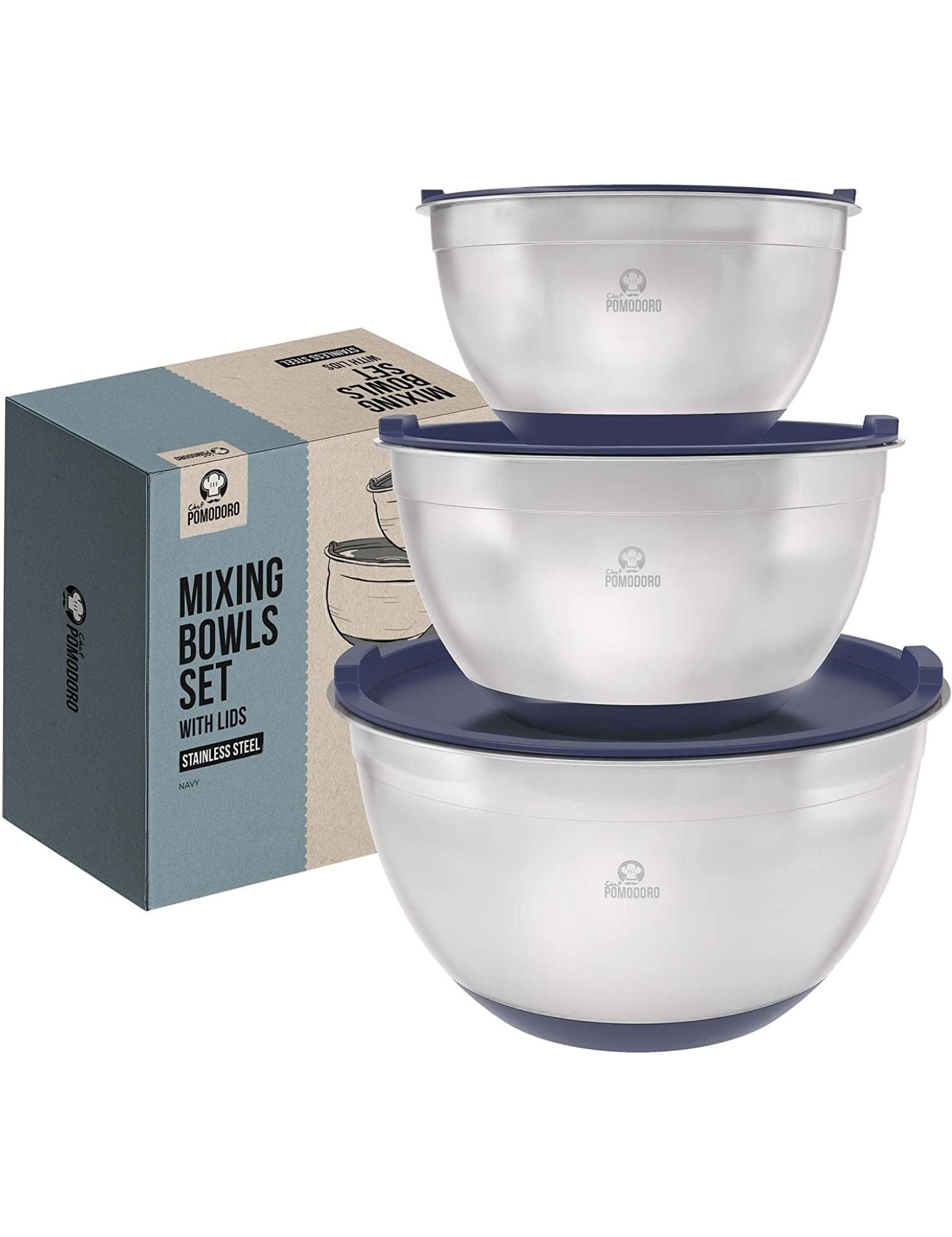 Large Deep Stainless Steel Mixing Bowls Set with Lids, Non Slip