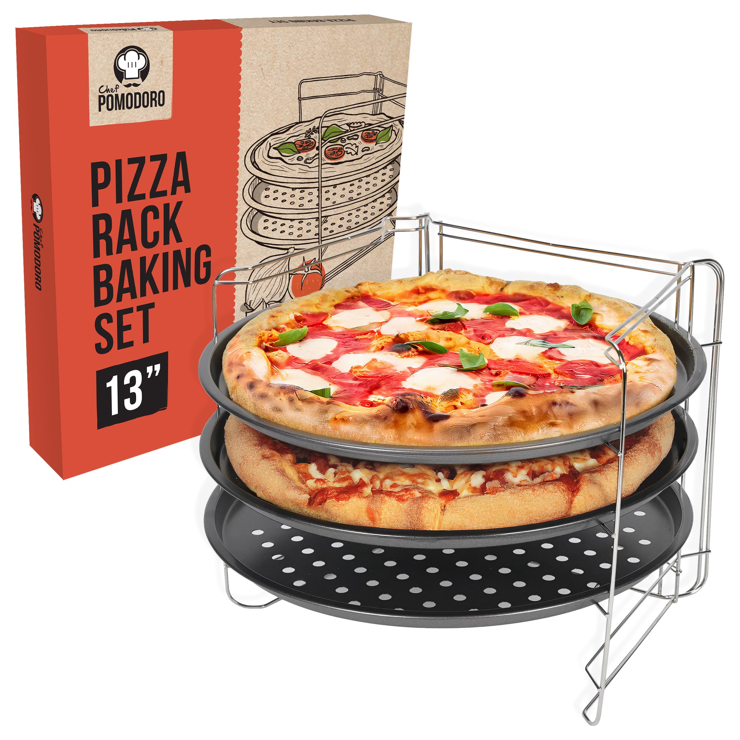 13-inch Pizza Baking Set with 3 Pizza Pans and Pizza Rack – Chef