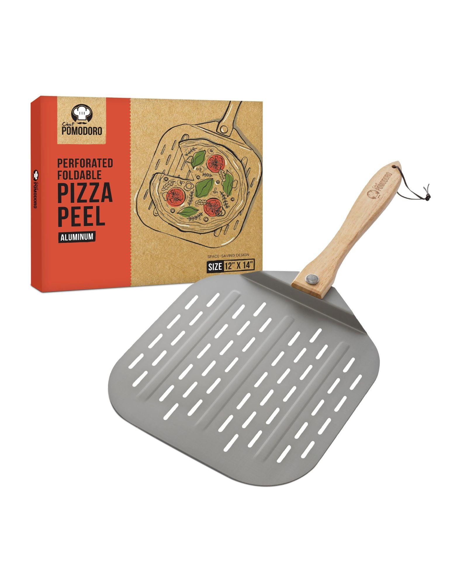 Perforated Aluminum Metal Pizza Peel with Foldable Wood Handle (12 inch)