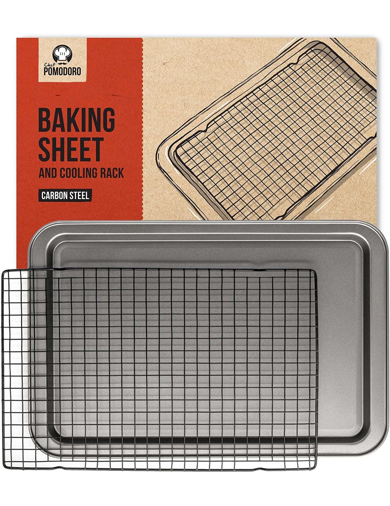 Chef Pomodoro Grey, 16 x 11-Inch, Large Nonstick Carbon Steel Roasting Pan Roaster with Flat Rack