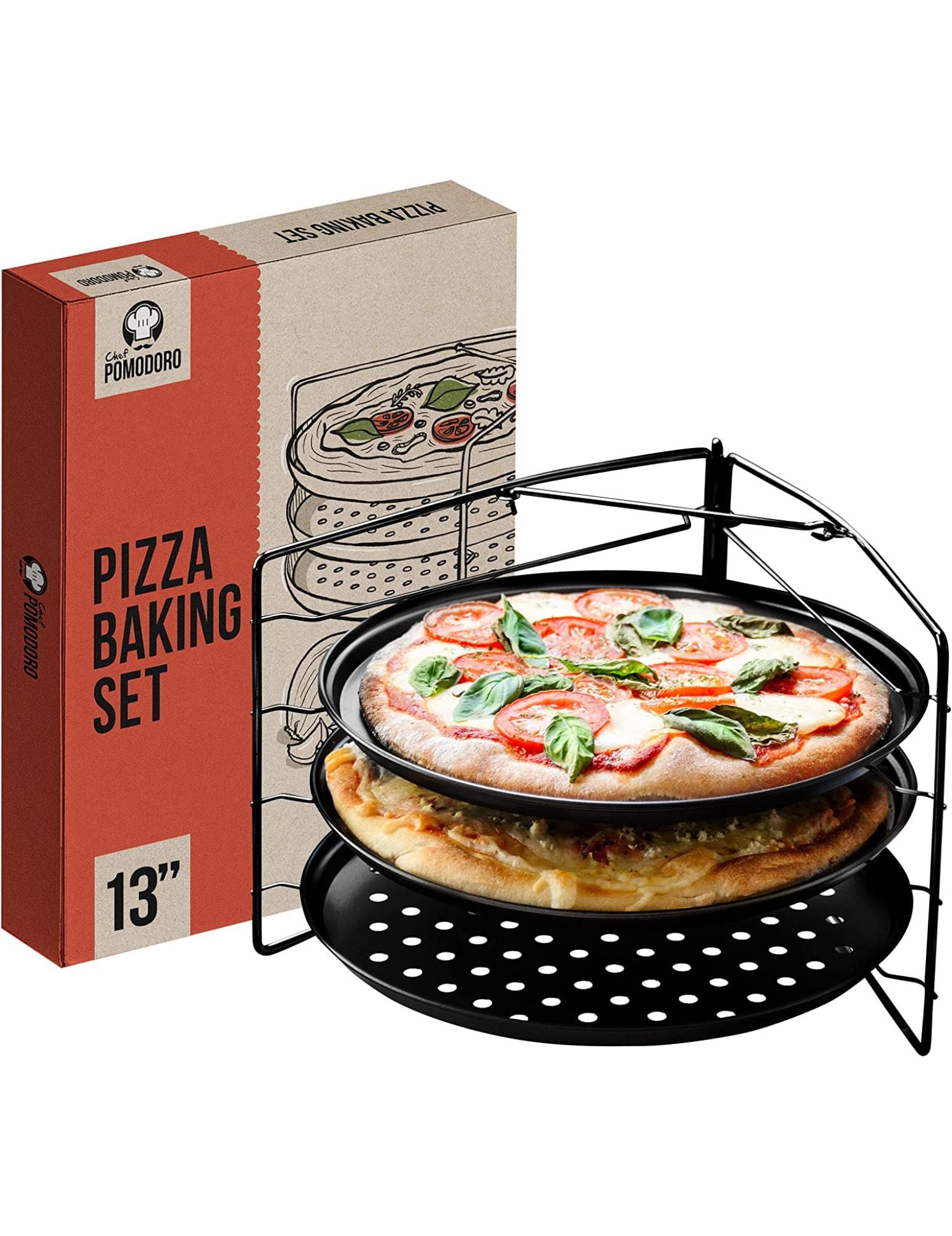 Pizza Baking Set with 3 Pizza Pans and Pizza Rack