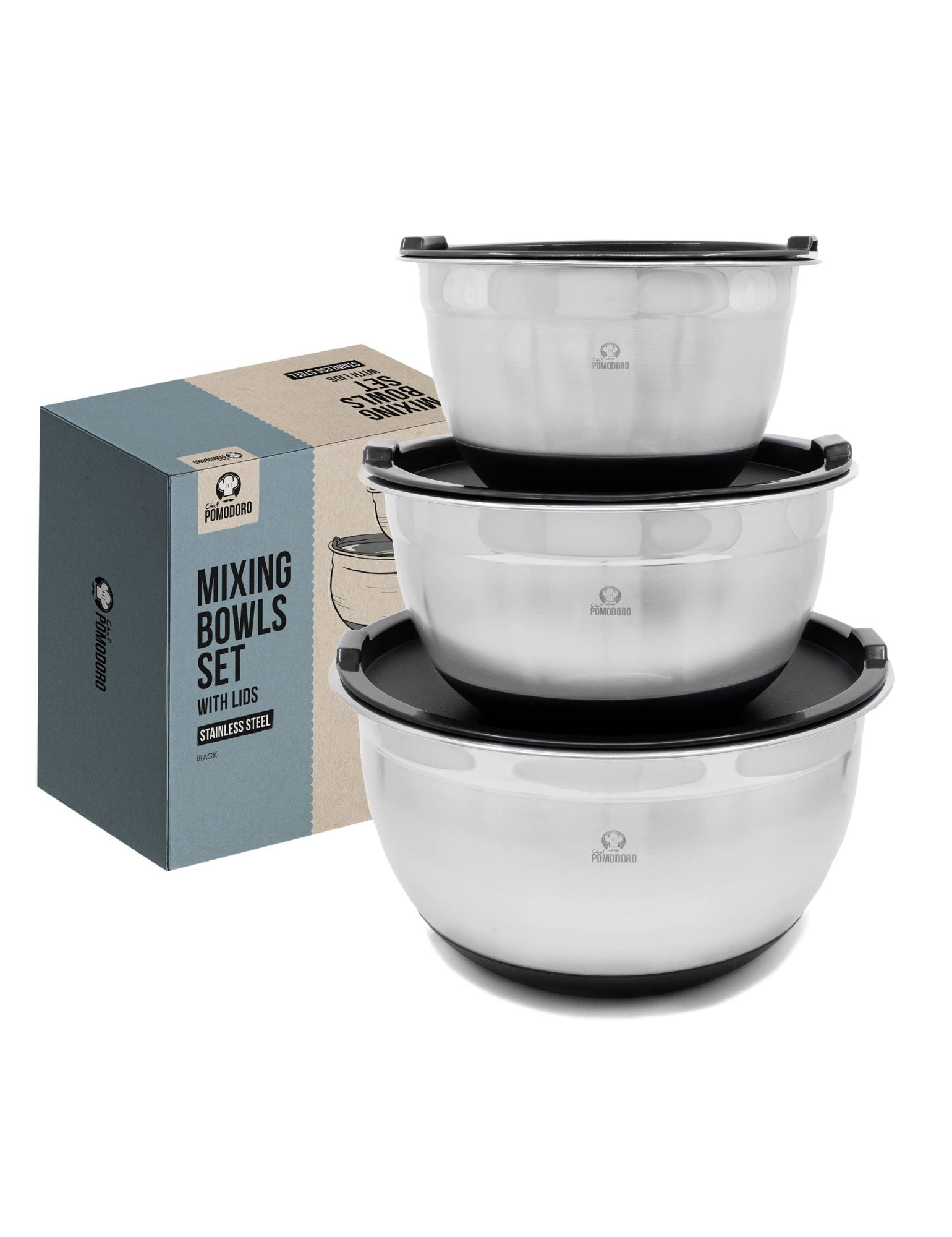 Stainless Steel Mixing Bowls Set with Lids, - 3 Piece (1.5 Qt, 3 Qt, 5 Qt)(Black)
