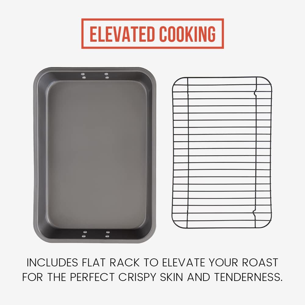 Chef Pomodoro Grey, 16 x 11-Inch, Large Nonstick Carbon Steel Roasting Pan Roaster with Flat Rack