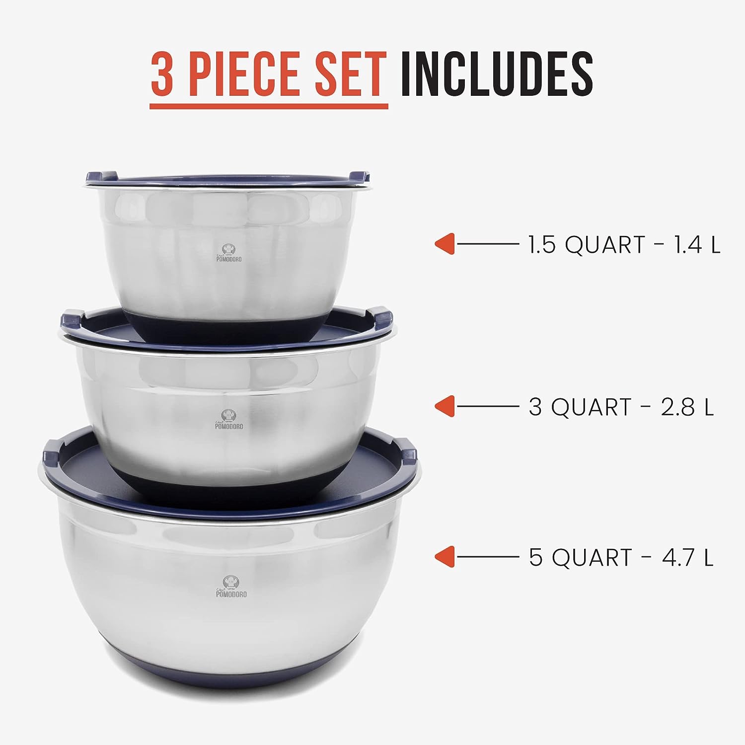Ovente Premium Stainless Steel Mixing Bowls with Lids, Set of 3