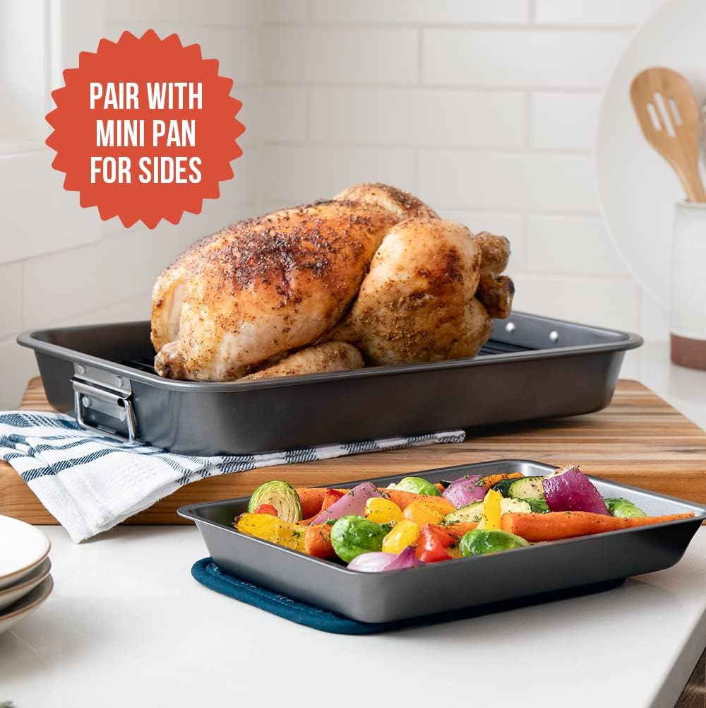 Chef Pomodoro Deluxe Large Carbon Steel Roasting Pan with U-Rack 18.5 x 14.6 x 5.9 Inches, Extra-Large Grey, Size: 18.5 x 14.5-Inch