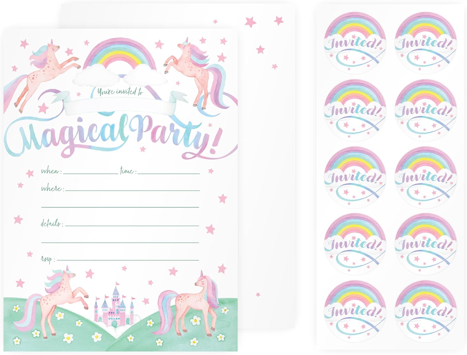 Rileys & Co. Party Invitation Cards with Envelopes and Bonus Stickers, Party Invitation Cards for Boys and Girls with Cute Graphics, Personalized Date, Time, Location, RSVP - Premium Quality for Unforgettable Celebrations! 7x5 Inches - 50 Pack (Unicorn)