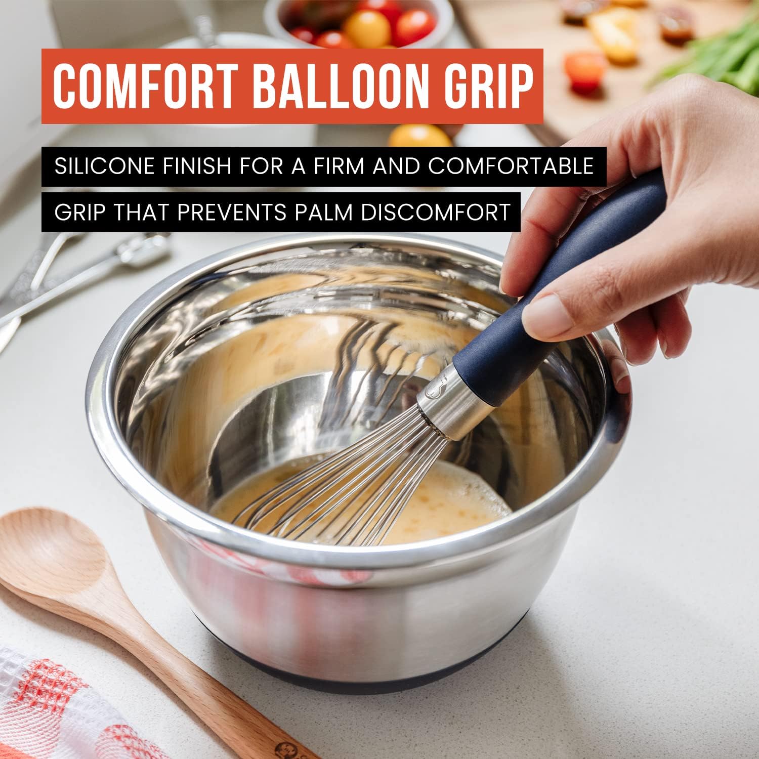 Coolmade Set of 3 Stainless Steel Whisk 8 inch+10 inch+12 inch, Kitchen Balloon Hand Stainless Whisk Set for Blending Whisking Beating Stirring, Silver