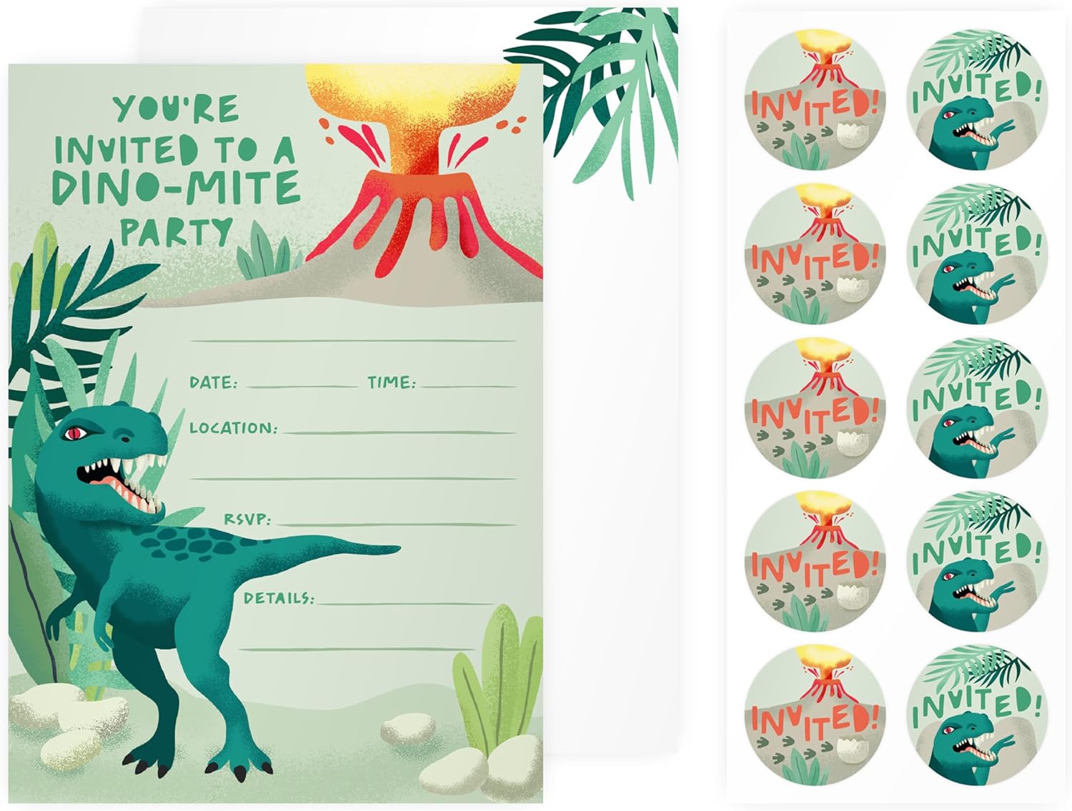 Rileys & Co. Party Invitation Cards with Envelopes and Bonus Stickers, Party Invitation Cards for Boys and Girls with Cute Graphics, Personalized Date, Time, Location, RSVP - Premium Quality for Unforgettable Celebrations! 7x5 Inches - 50 Pack (Dinosaur)