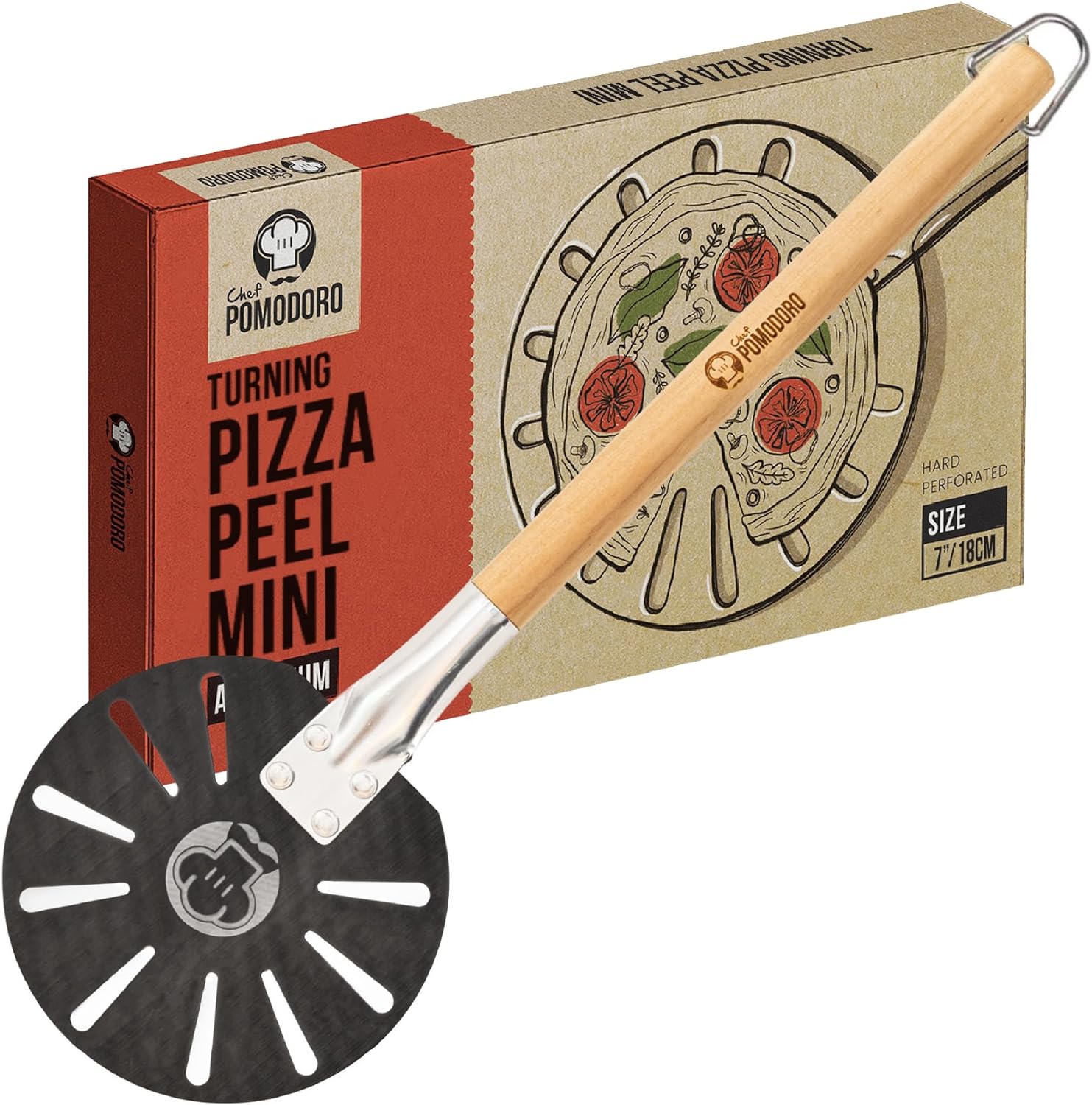 Aluminum Turning Pizza Peel with Detachable Wood Handle - 7-Inch