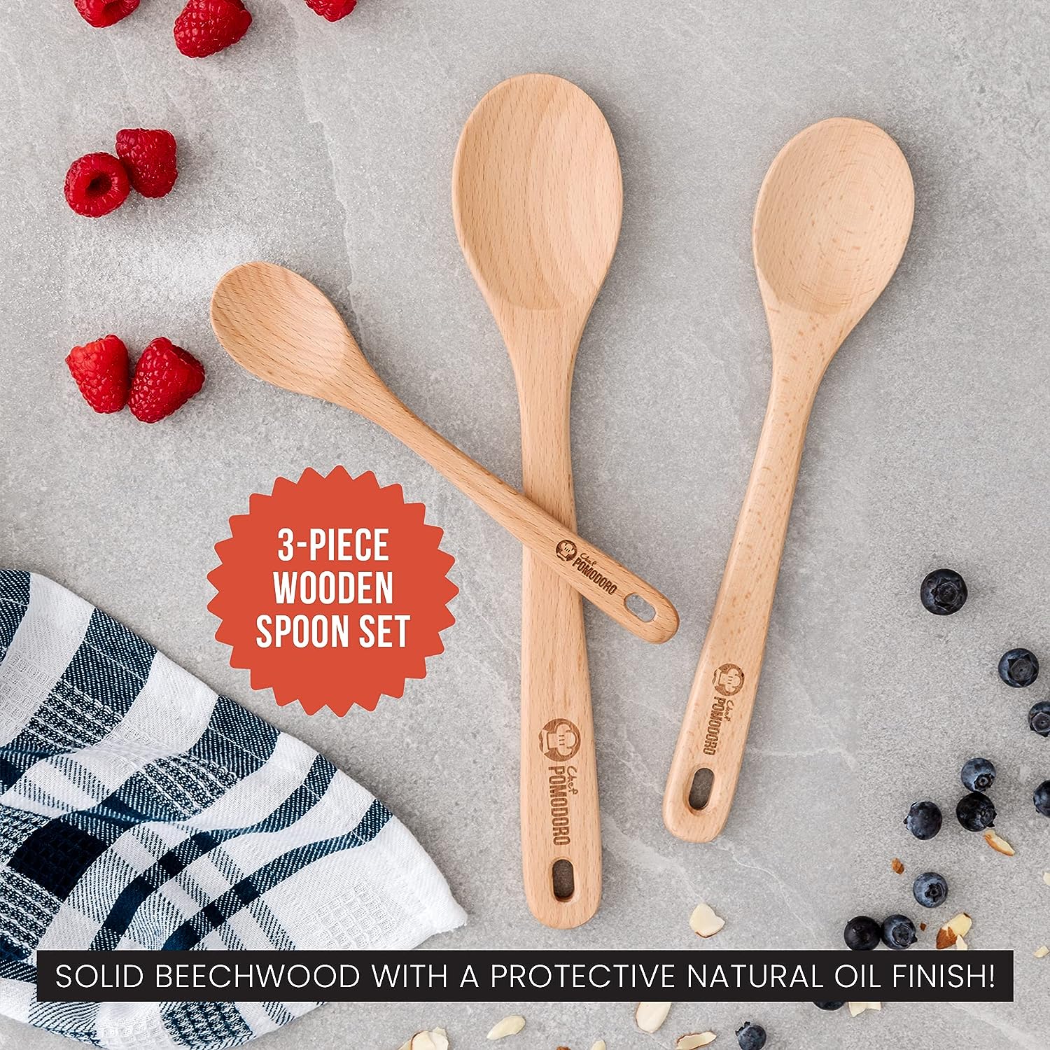 Cooking Wooden Spoons 3-Piece Set, Solid Beechwood | 12-Inch, 10.5-Inch, 8-Inch