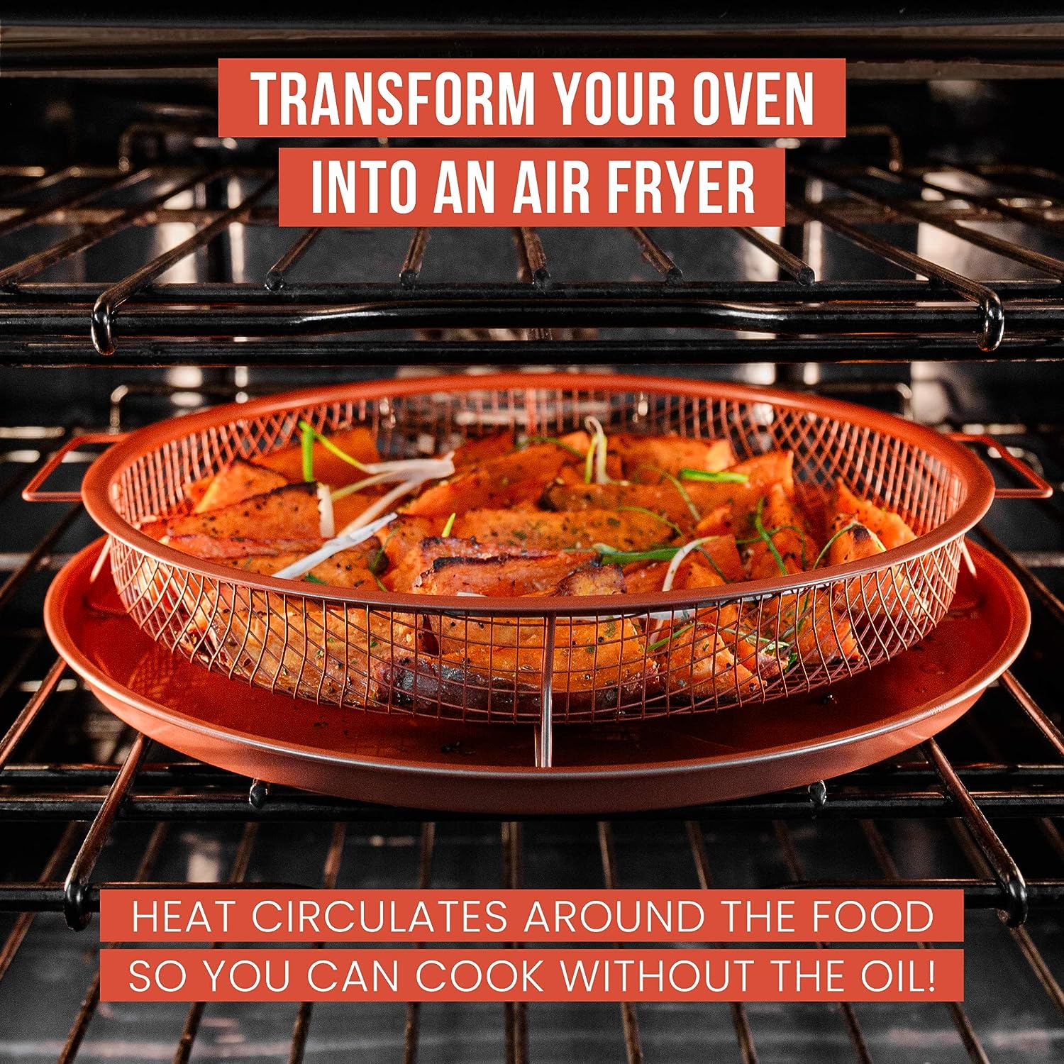Round Copper Crisper Tray, Deluxe Air Fry, 2-Piece Set, Baking Pan (Round - 12") - Chef Pomodoro