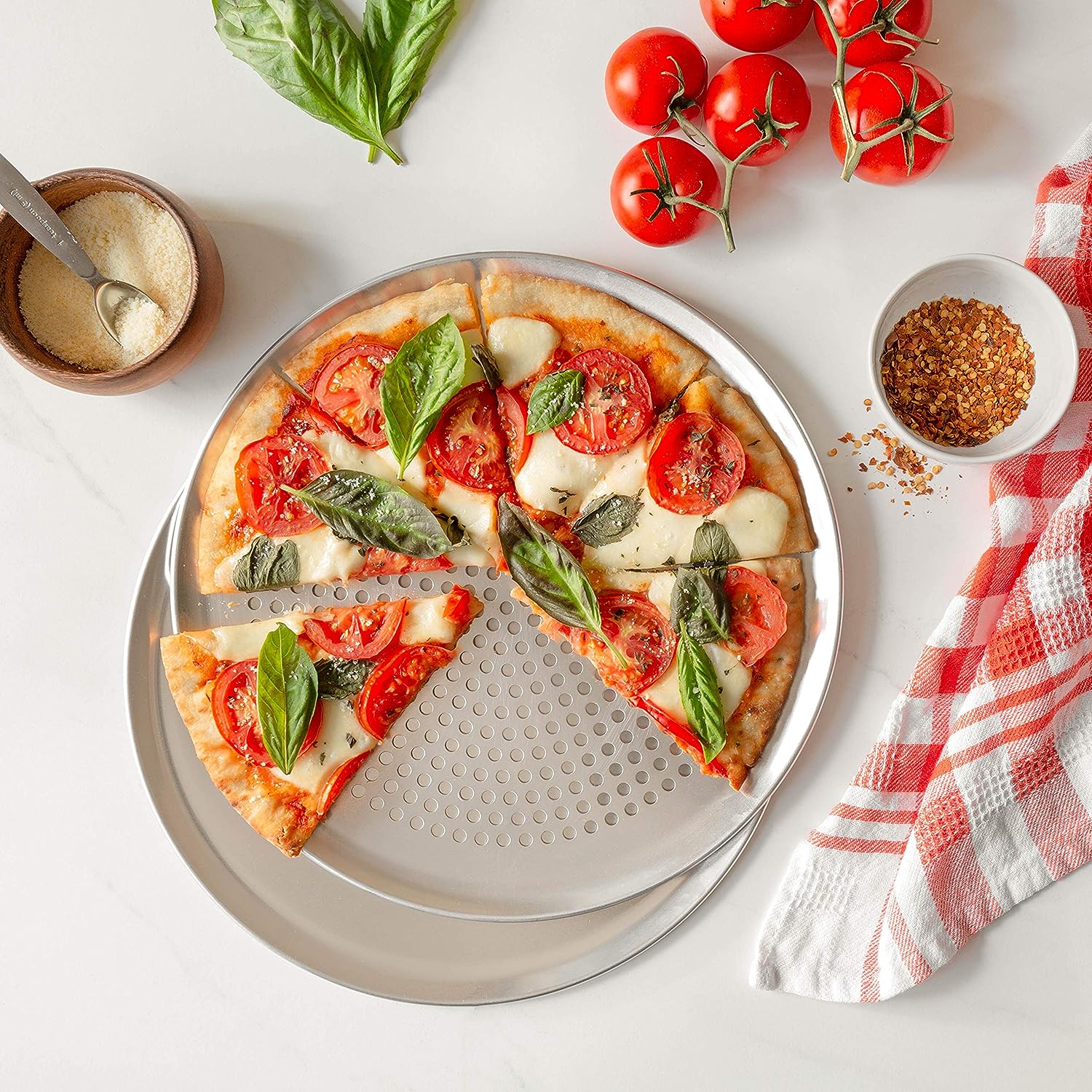 Pizza Pan Bundle: 12" Perforated and 12" Flat Nonstick Pizza Tray