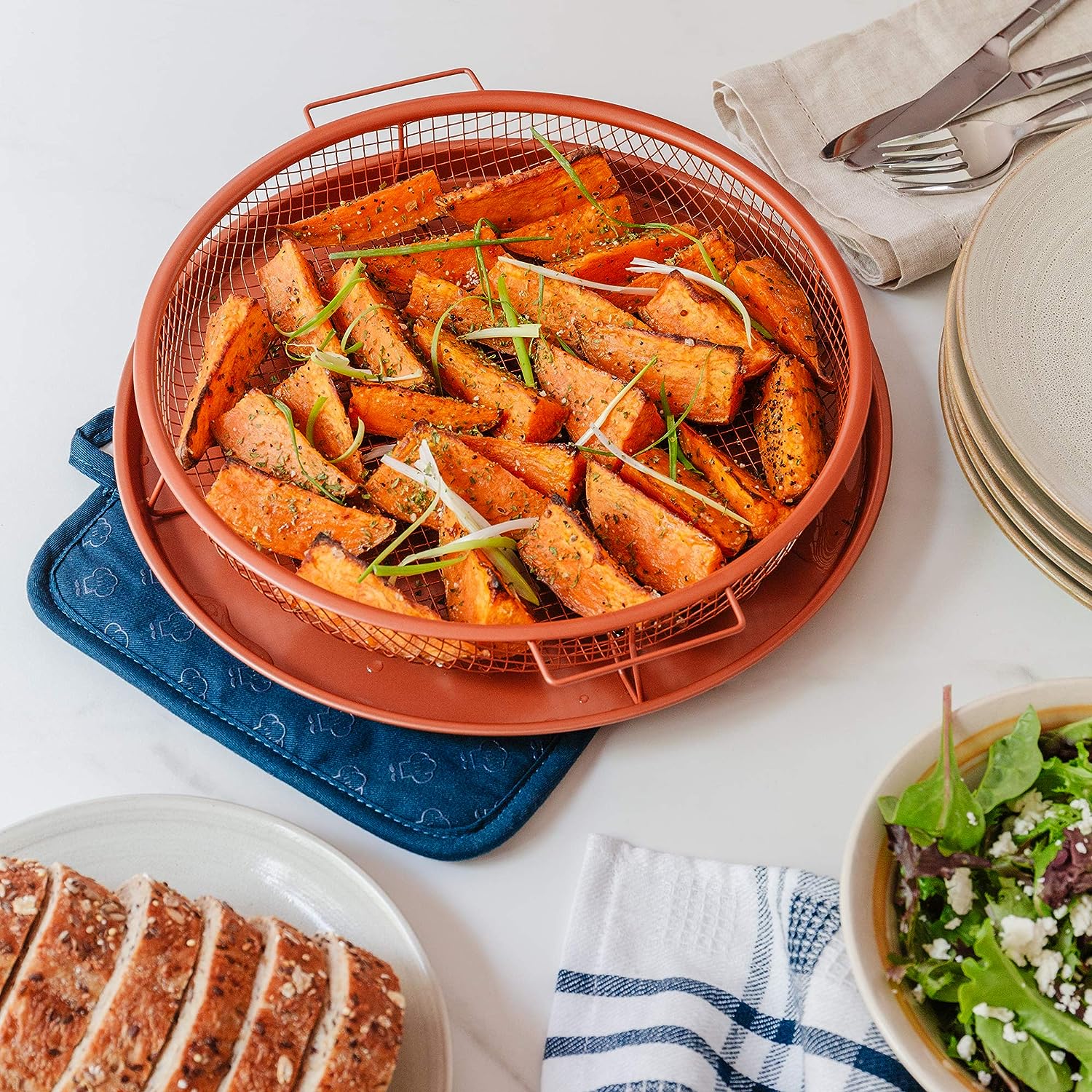 Round Copper Crisper Tray, Deluxe Air Fry, 2-Piece Set, Baking Pan (Round - 12") - Chef Pomodoro