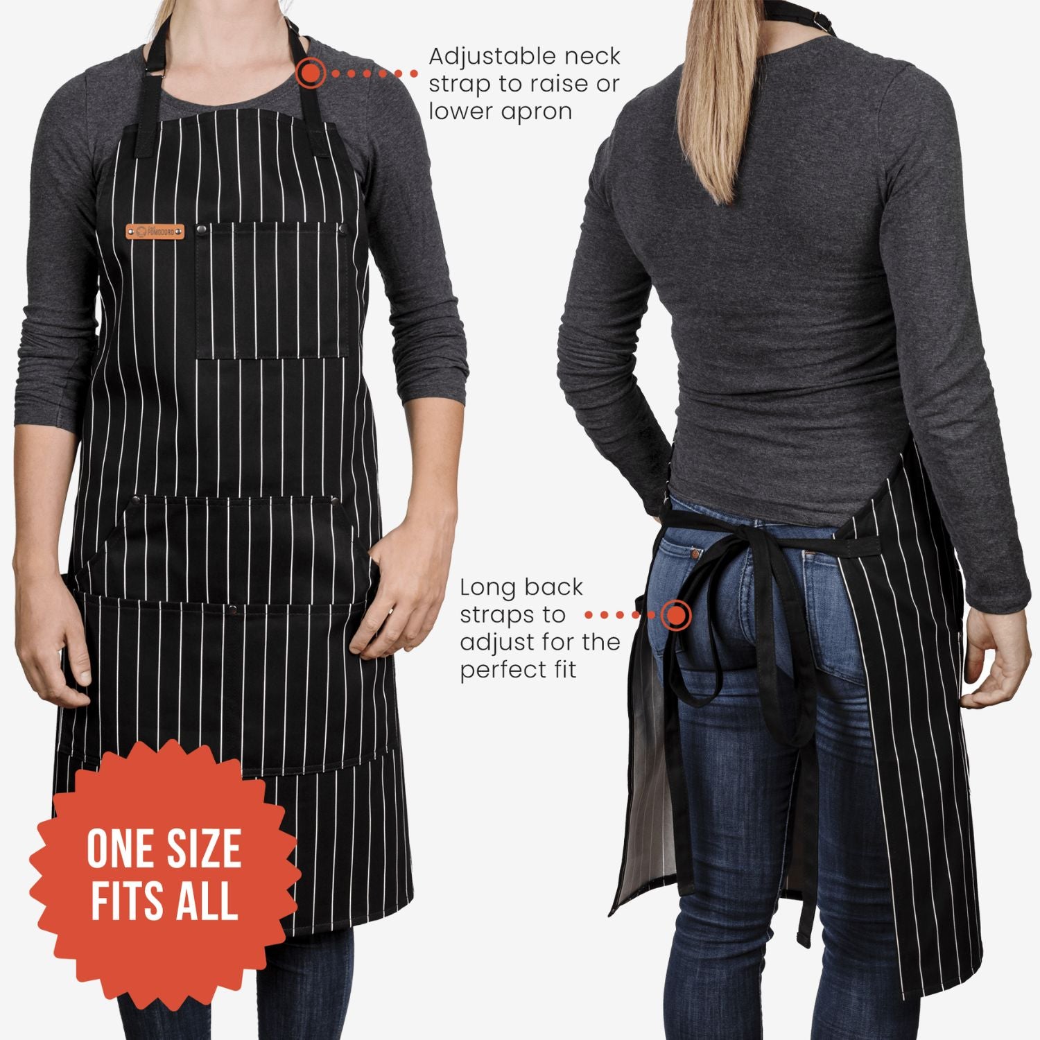 Kitchen apron with pockets and adjustable neck straps