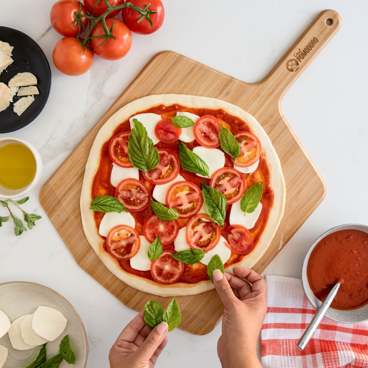 Preparing Pizza on a Wooden Pizza Peel
