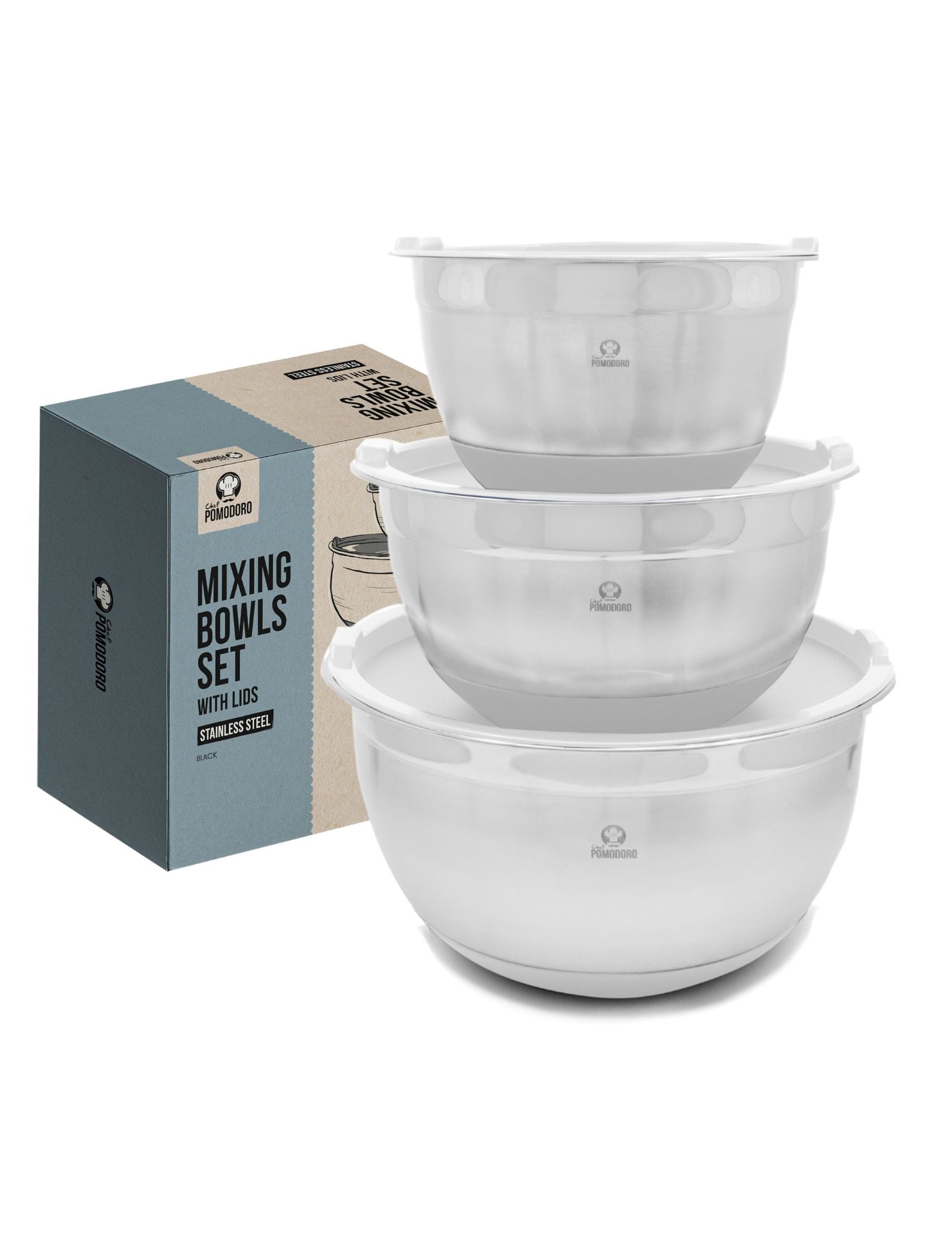 Stainless Steel Mixing Bowls Set with Lids - 3 Piece (1.5 Qt, 3 Qt, 5 Qt)(Grey)