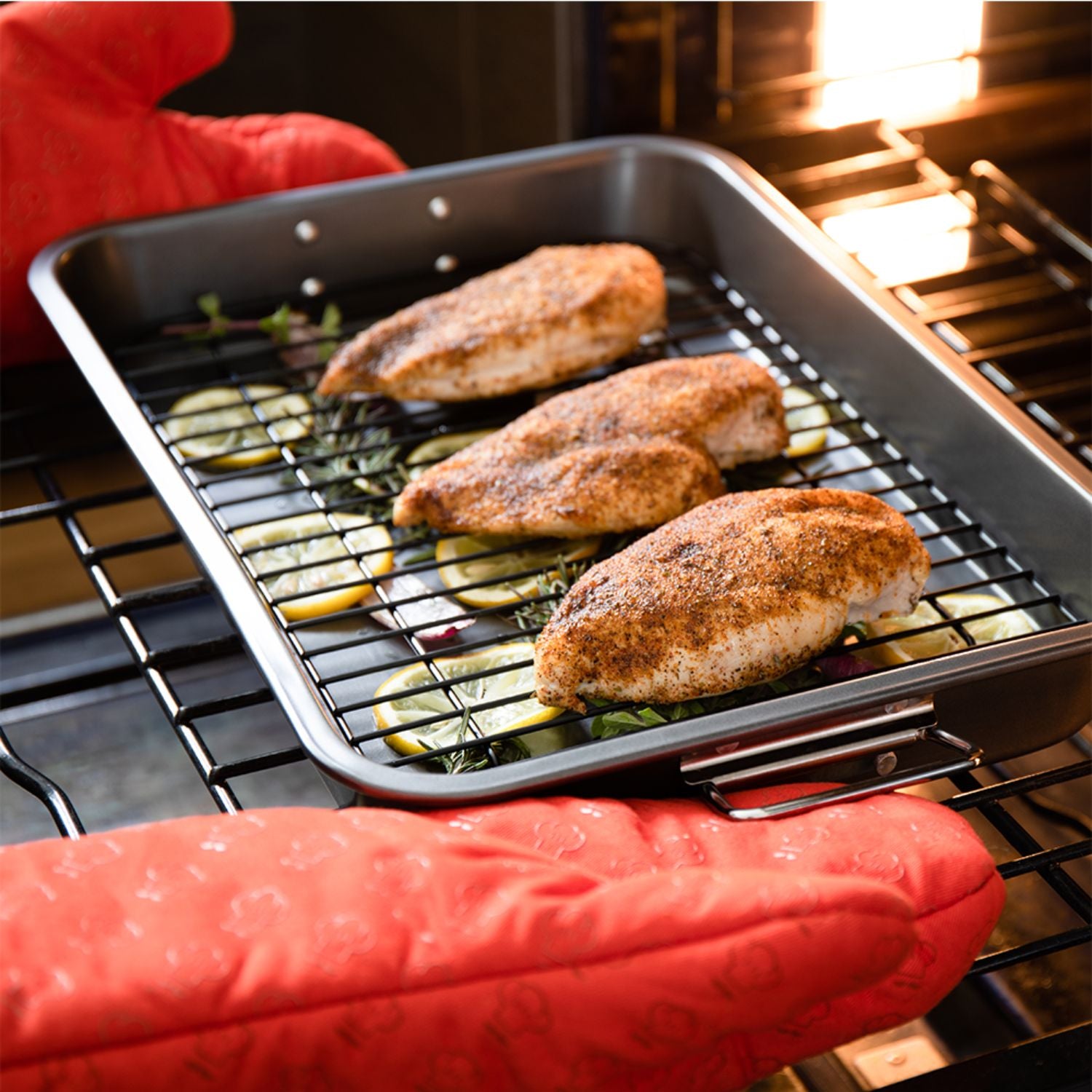 Chef Pomodoro Grey, 16 x 11-Inch, Large Nonstick Carbon Steel Roasting Pan Roaster with Flat Rack