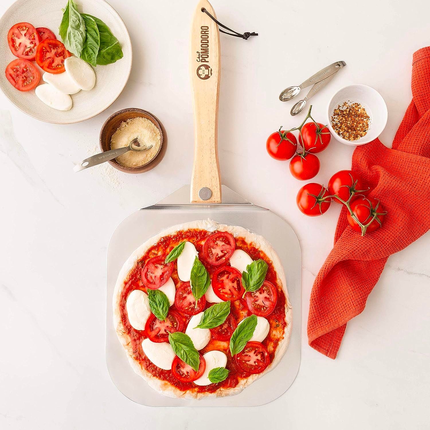 Chef Pomodoro Pelle a Pizza avec Poignée en Bois Pliable, Spatule