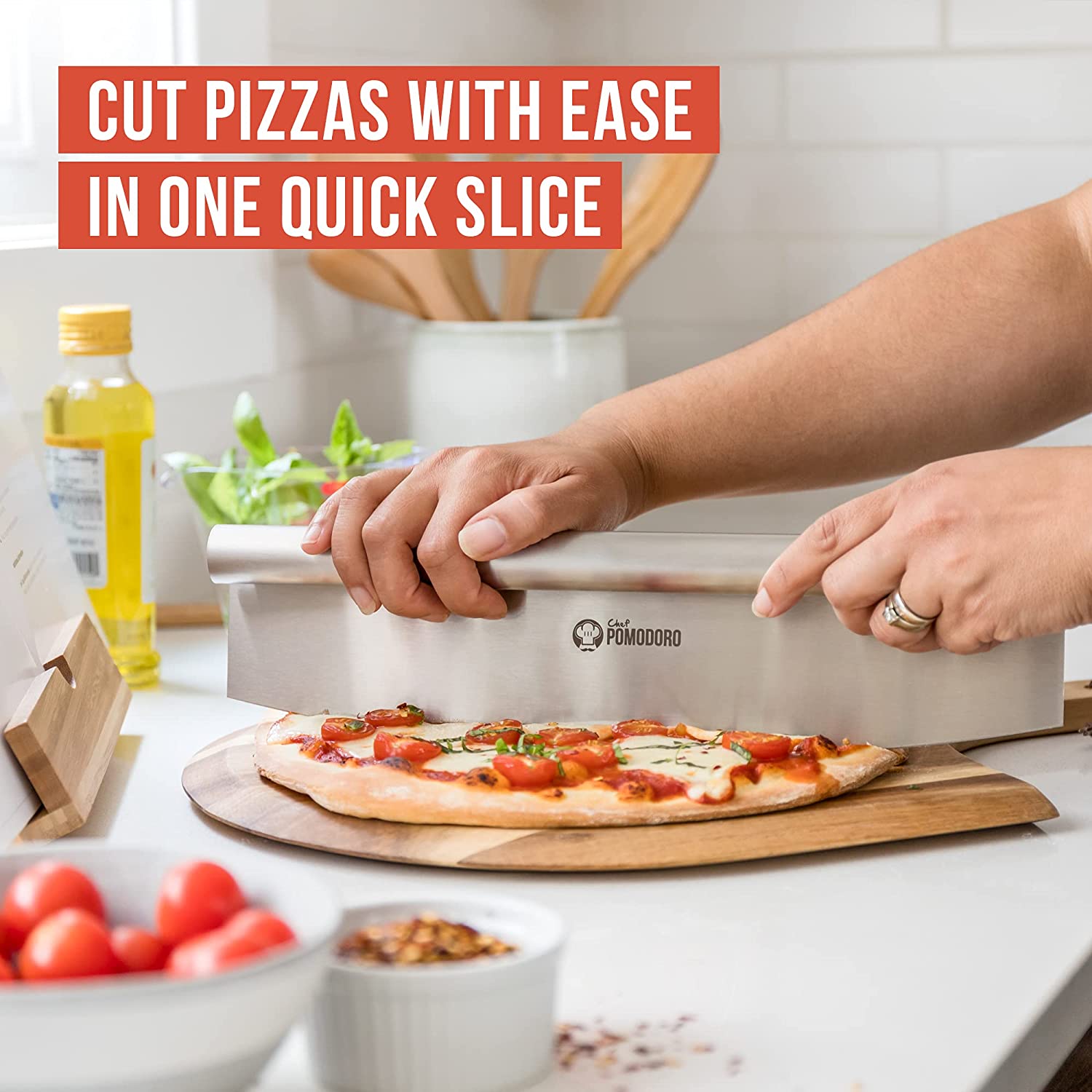 cutting pizzas with Pizza Cutter Rocker Knife - Multipurpose Mezzaluna Chopper